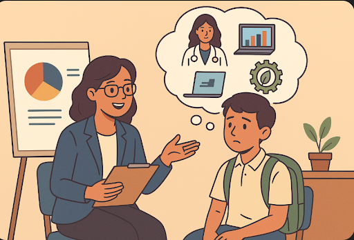 A school counselor guiding a student exploring career options like medicine, technology, and business during a career counselling session.